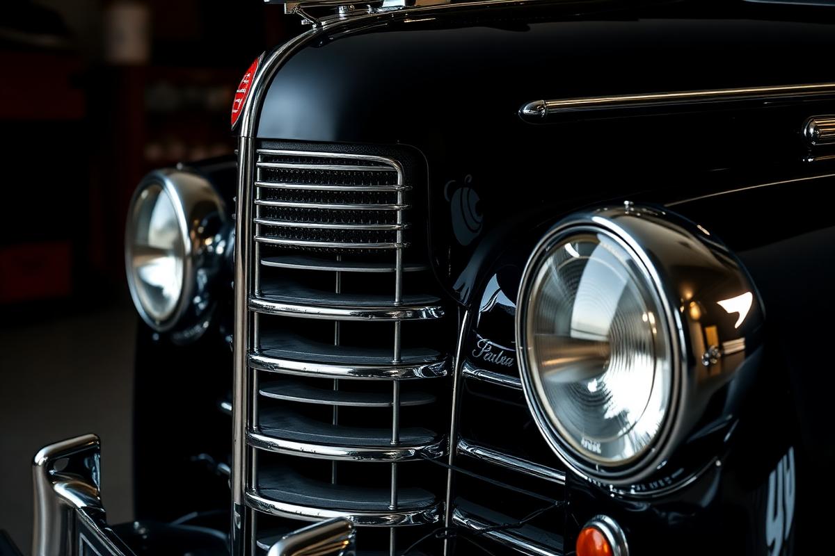 Restored vintage car chrome grille and headlight